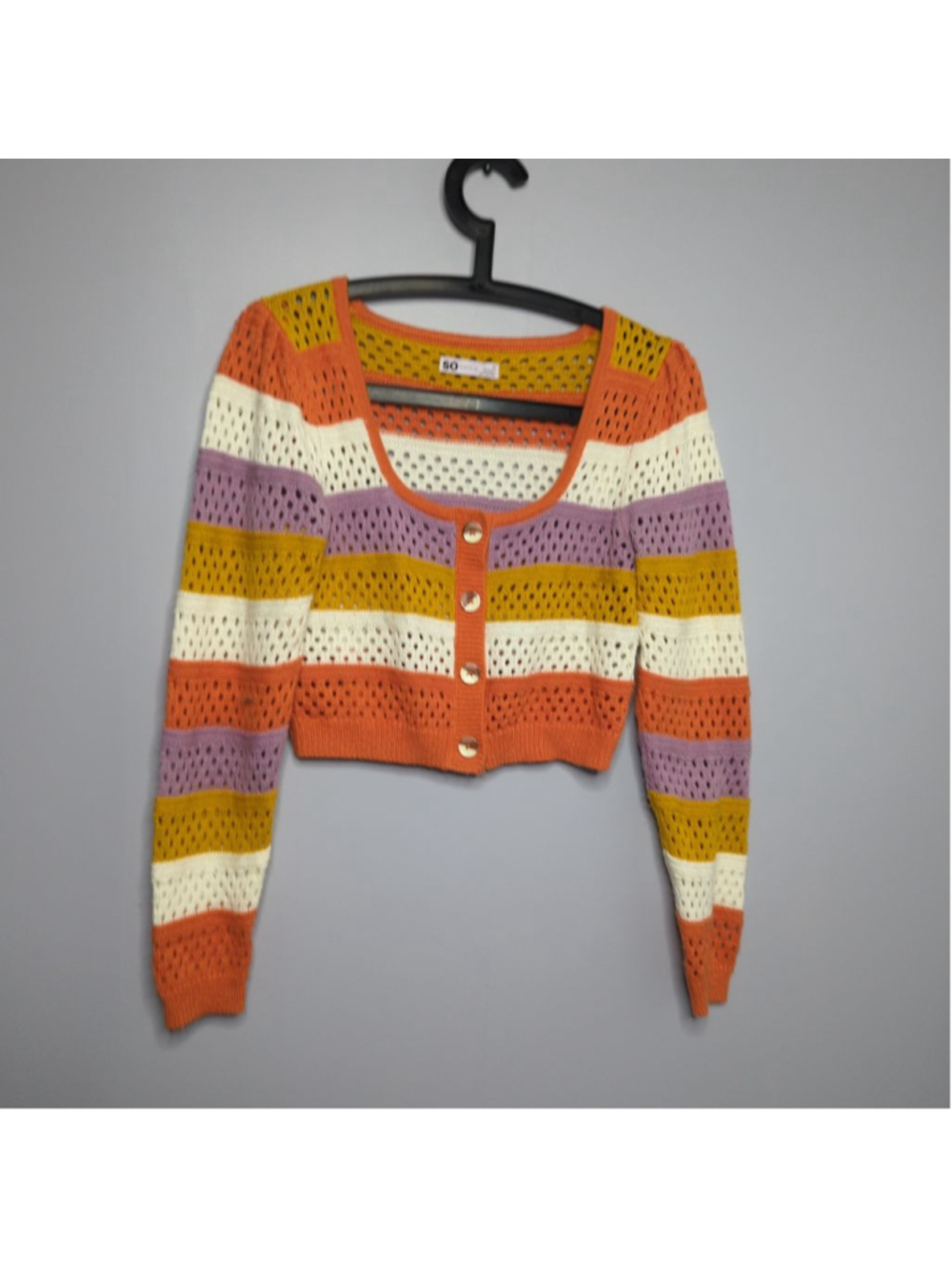 SO Sonoma Cropped Crochet Knit Striped Cardigan Sweater Boho Sz M
